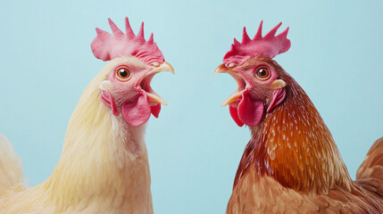 Chicken Squabble: A humorous portrait of two chickens, a white one and a brown one, locked in a heated argument.  The expressions on their faces are comical.