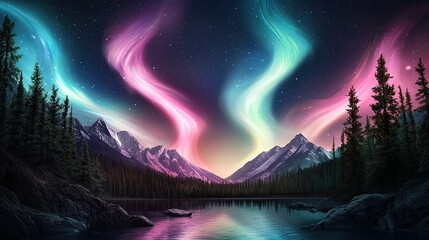 Stunning views of the Northern Lights over iconic Canadian landscapes like Banff or Yukon, featuring dreamy pastel neon streaks and soft, minimalistic cartoon-inspired accents