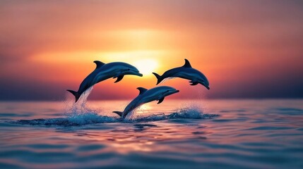 Three dolphins leaping at sunset.