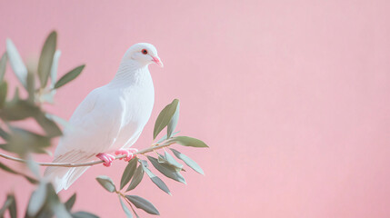 Obraz premium White Dove on Olive Branch: A pure white dove perches delicately on a branch of olive leaves, against a soft pink background, evoking a sense of peace, hope, and serenity. 