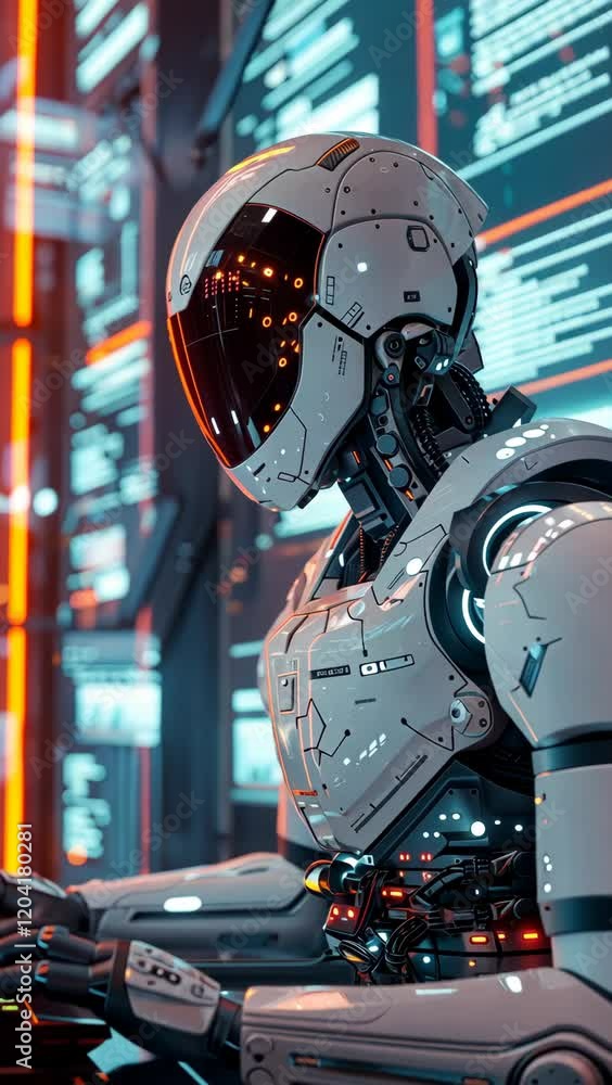 Poster robot interacts with technology in a futuristic data center during nighttime operations