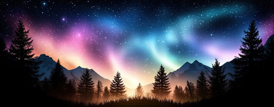 Expansive night skies with Northern Lights glowing above dense Canadian forests, featuring a soft blend of pastel neon tones and flat art-style silhouettes for a tranquil vibe