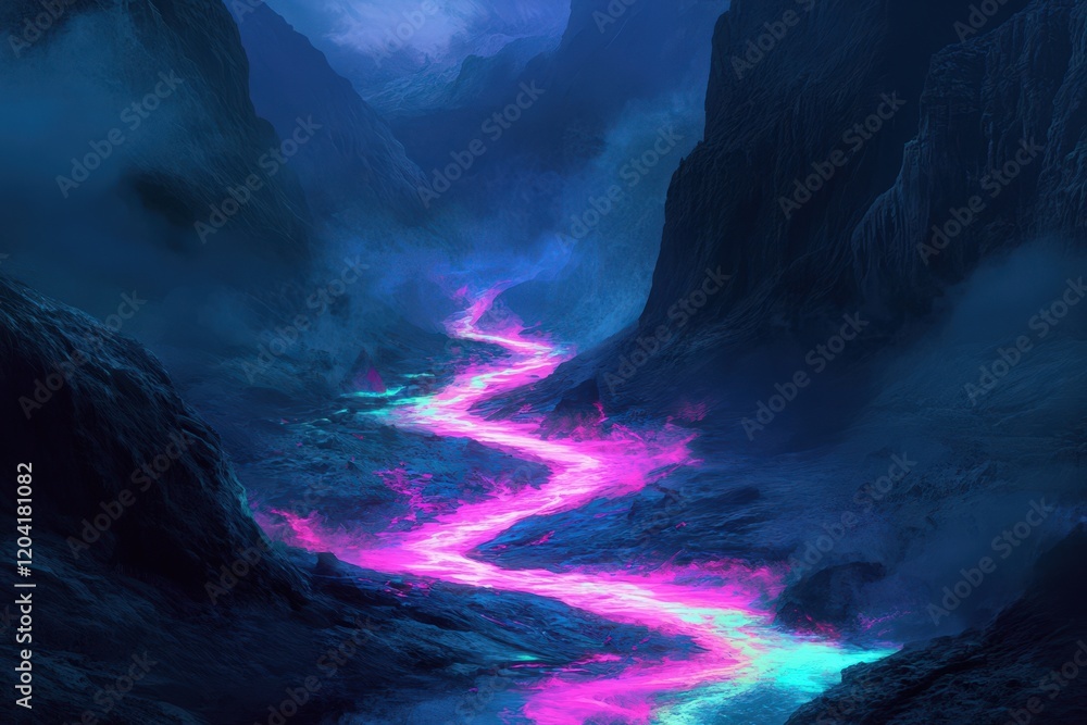 Canvas Prints Neon River Flows Through Dark Mountain Valley