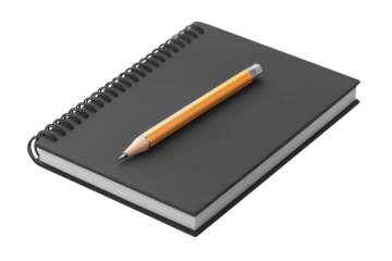 Black Spiral Notebook with Orange Pencil on Wooden Table Surface