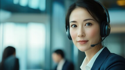 Asian mid age businesswoman ceo executive manager in headset having working videocall on financial report with multiracial colleagues using laptop in modern corporation office. Over shoulder view.