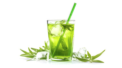 glass of green tarragon juice with ice cubes isolated on white background	