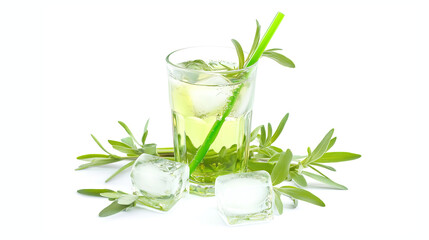 glass of green tarragon juice with ice cubes isolated on white background	