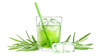 glass of green tarragon juice with ice cubes isolated on white background	