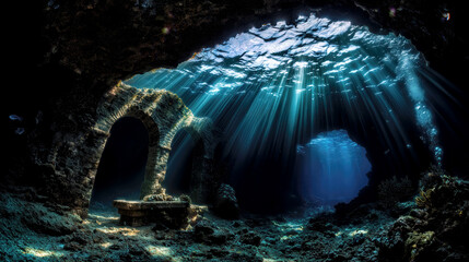 Beneath the surface, sunlight streams through an opening, revealing remnants of a forgotten structure. Marine life gently navigates through the tranquil waters, showcasing nature's beauty.