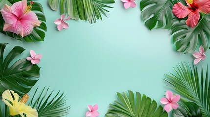 Fototapeta premium Vibrant Tropical Flowers and Green Leaves on Soft Blue Background