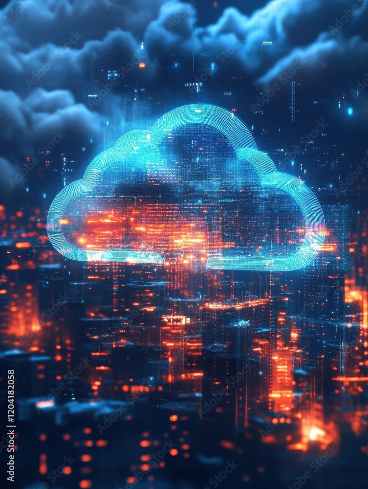 Aufkleber creative glowing cloud hologram on illuminated night city backdrop. cloud computing and database con