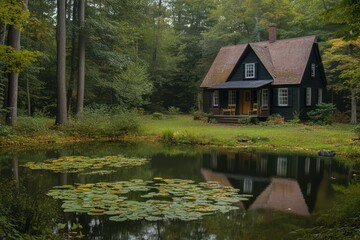 Obraz premium A peaceful cottage surrounded by tall trees and a serene pond with lily pads.