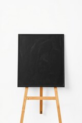 there is a black board on a wooden easel against a white wall