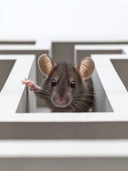 A curious rat playing in a maze shows its playful nature, exploring its environment with whiskers twitching and eyes wide open.