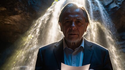 Stunning moment of solitude in a majestic cavern illuminated by a gentle waterfall with an introspective figure holding a letter
