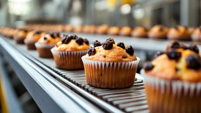 Freshly baked muffins moving on automated conveyor in a modern bakery production line