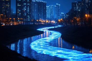 Fototapeta premium Nighttime Cityscape River Illuminated With Blue Light