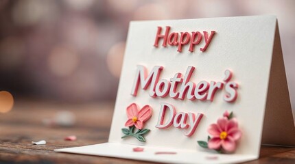 Handcrafted Pink and Cream Floral Mother's Day Card with Elegant Typography Against Wooden Surface