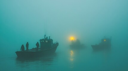 Obraz premium Misty morning, fishing boats at sea.