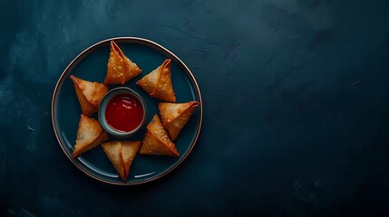 Fried samosas with sweet chili sauce on dark blue background
