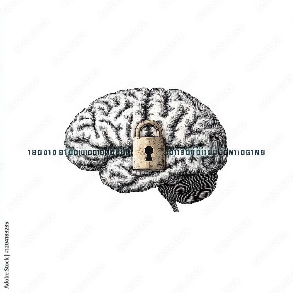 Poster brain with lock for data security concept
