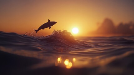 Fototapeta premium Dolphin leaping at sunset, ocean waves.