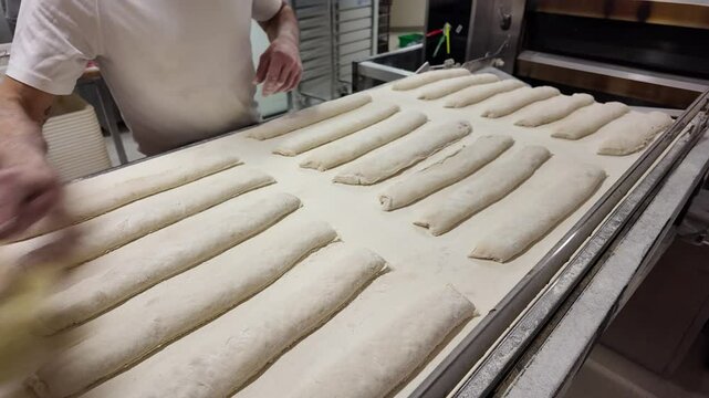 balayage de la p&acirc;te &agrave; pain par le boulanger pour les d&eacute;tails de finition de la pr&eacute;paration des baguettes de pain et enlever la farine en surplus 