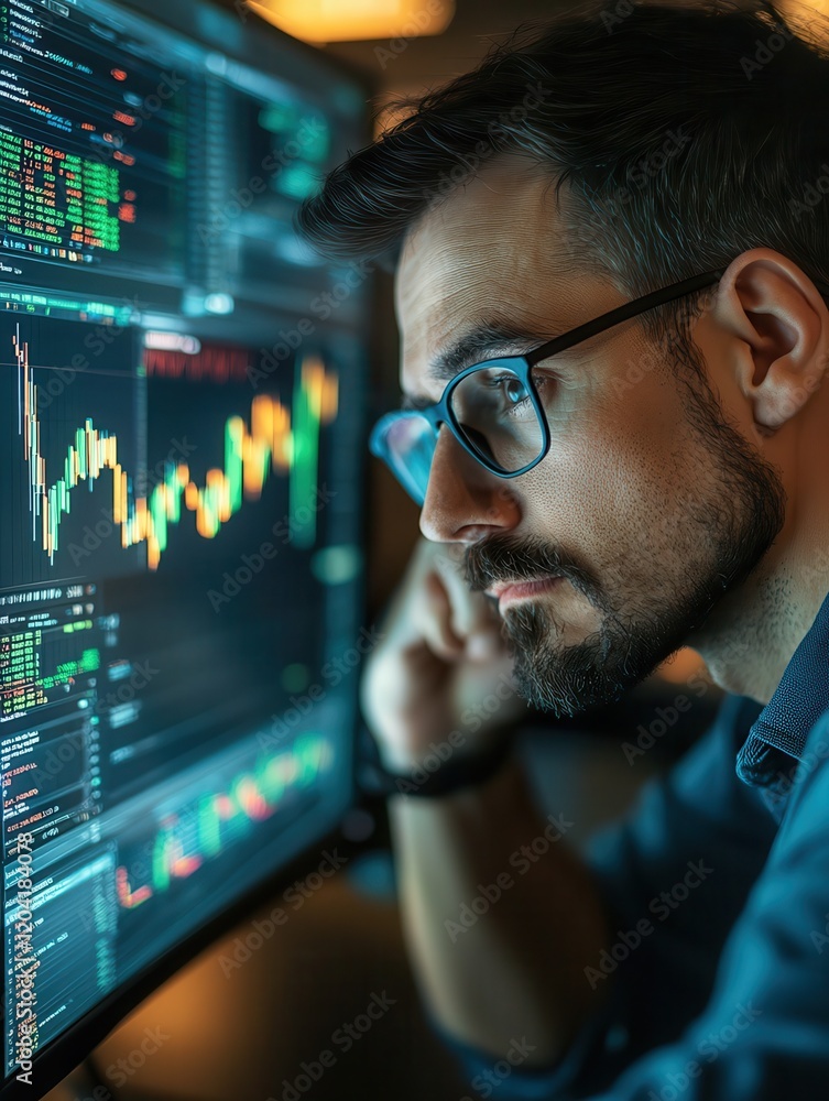 Poster crypto trader investor analyst looking at computer screen analyzing financial graph data on pc monit