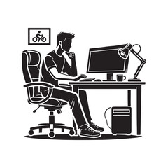 man working at computer  desktop monitor gears silhouette vector art