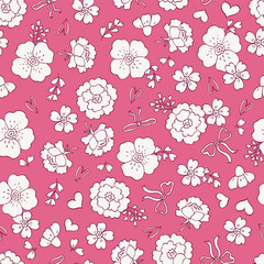 Seamless pattern with flowers, bows and ribbons. Digital paper in modern vintage coquette style for textile, fabric, wallpaper, scrapbook, card templates
