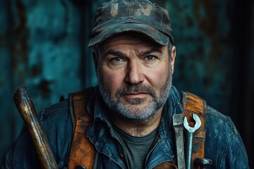 Obraz premium Grizzled worker, tools at his side, stares intently. A portrait of hard work and determination.