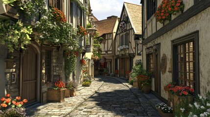 Fototapeta premium A charming European village with cobblestone streets, quaint shops, and flower boxes