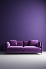 purple couch against a purple wall with a white floor