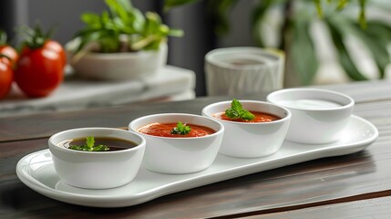 Set of soups in white bowls