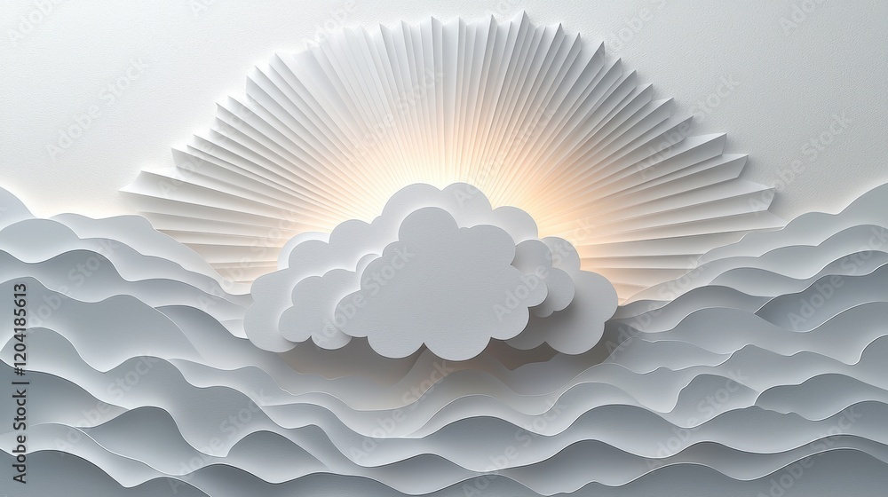 Sticker minimalist paper cutout cloud with delicate rays of light in soft tones