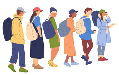 Obraz premium Group men and women walking with backpacks, back view, profile, different colors, cartoon character, silhouettes people, vacation clothes; flat icon design concept, vector, isolated on white