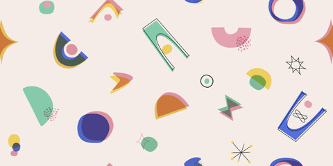 Retro mid century seamless pattern. Abstract 70s contemporary geometric shapes. Vector design for print, cover, textile.