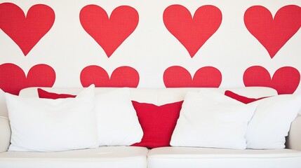 Romantic White Sofa with Red Heart Pattern Wallpaper and Pillows.
