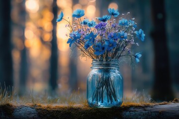 A captivating bouquet of blue cosmos flowers in a mason jar, set against a sun-drenched forest backdrop.