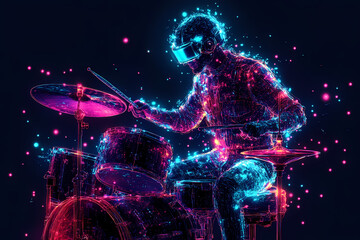A glowing digital drummer performing on a radiant holographic drum set with vibrant energy pulses