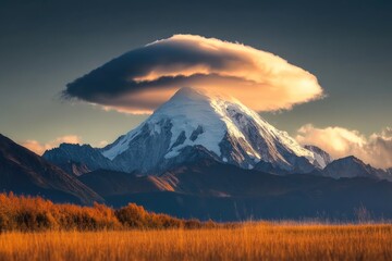 Fototapeta premium Majestic snow-capped mountain peak under a dramatic lenticular cloud formation at sunset.