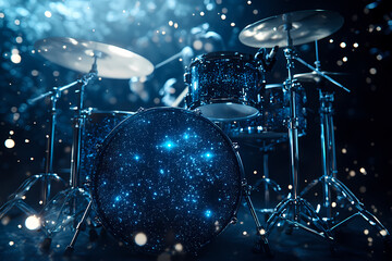 A glowing digital drummer performing on a radiant holographic drum set with vibrant energy pulses