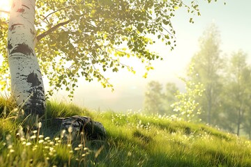 Fototapeta premium Birch forest in the morning with green grass and blue sky
