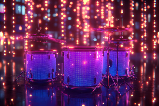A glowing digital drummer performing on a radiant holographic drum set with vibrant energy pulses