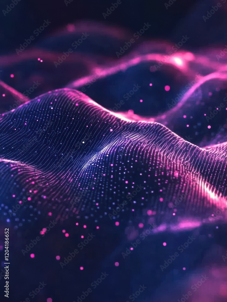 Poster dots particle waves. digital surface, abstract data cyber information background. 3d dynamic flow, t