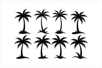 Coconut tree black icon set vector illustration. palm tree silhouette set.