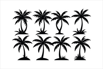 Coconut tree black icon set vector illustration. palm tree silhouette set.