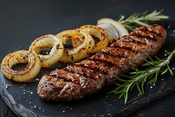 Grilled meat with rosemary and onion rings
