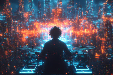 A glowing digital drummer performing on a radiant holographic drum set with vibrant energy pulses