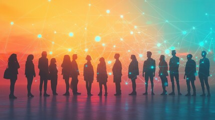 A group of diverse individuals stand before a complex network symbolizing collaboration, interconnectedness, shared knowledge, and teamwork towards innovation.